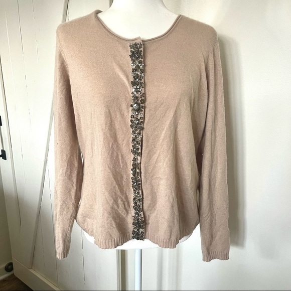 Escada jeweled button down cashmere tan cardigan NWOT size 42